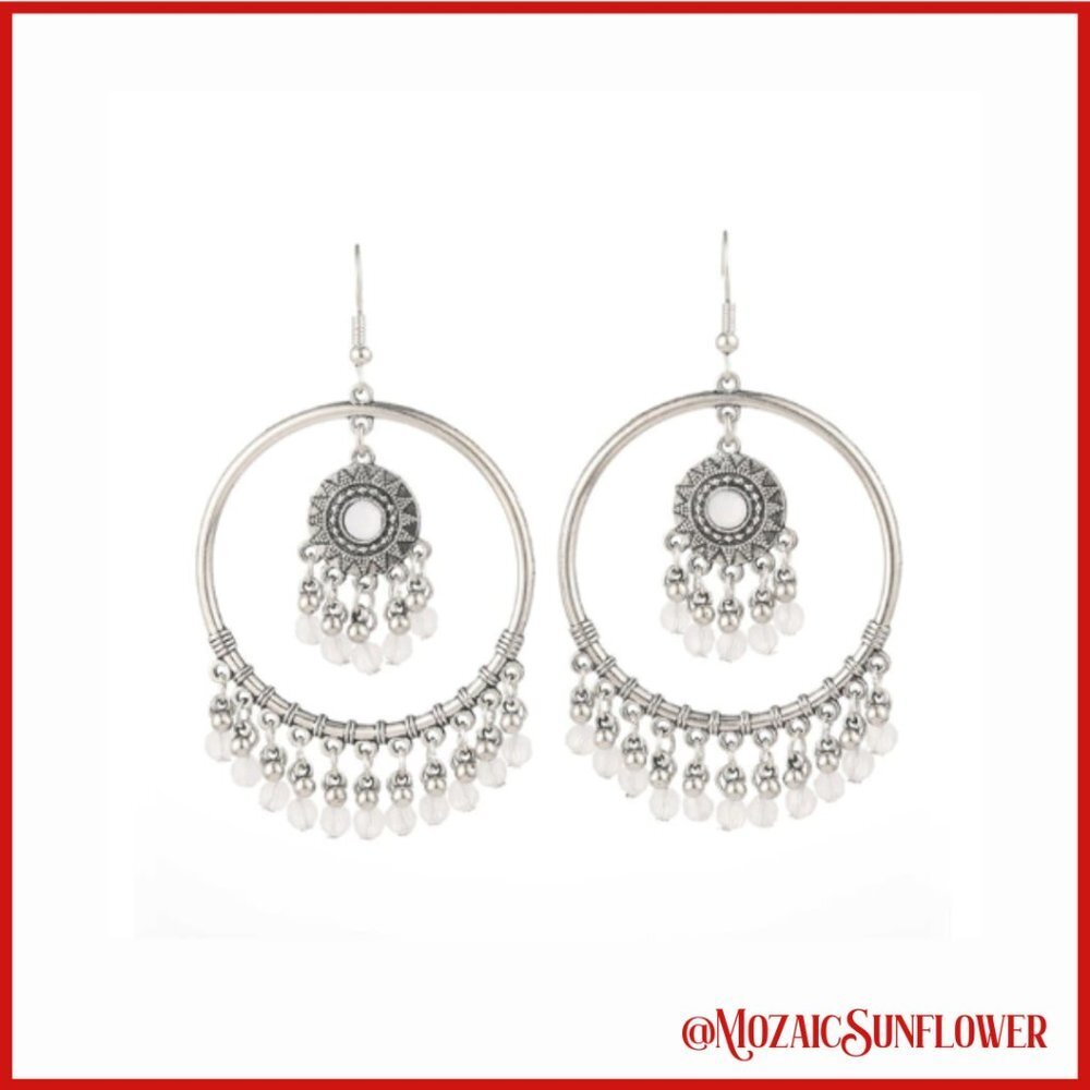 Silver Hoop Hand Beaded Tassel Water Drop Earrings